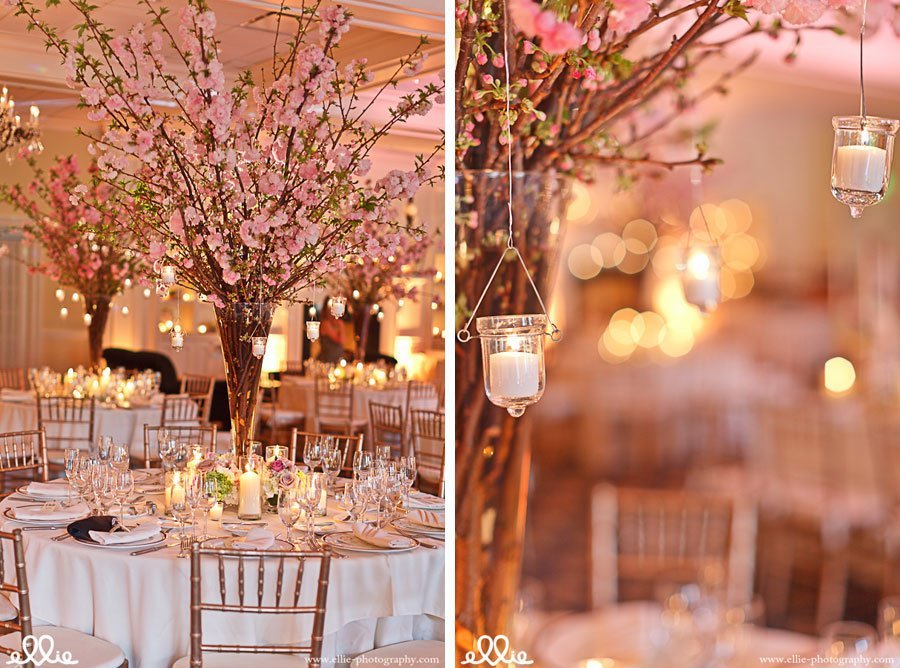 centre de table arbre fleurs de ceririser, avec photophore en verre a suspendre